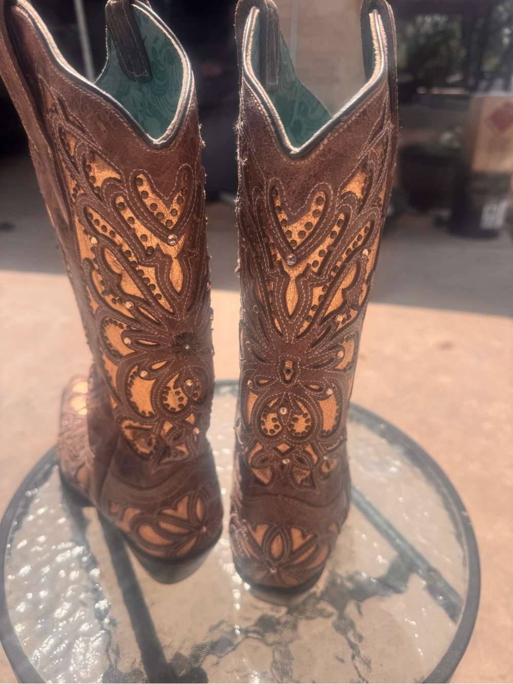 Corral Brown Cutout Suede Western Heeled Boots with Tan Underlay